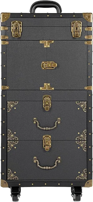 Rolling Lockable Makeup Train Case, Large Capacity Cosmetic Trolley with Swivel Wheels Salon Barber Case Traveling Cart Trunk, with Hair Dryer Holder for Barber Stores