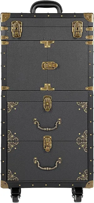 Rolling Lockable Makeup Train Case, Professional Hairdressing Case Large Storage Cosmetic Trolley with 3 Shelves, Hair Salon Trolley Suitcase Hair Stylist Beauty Travel (Black Gold)