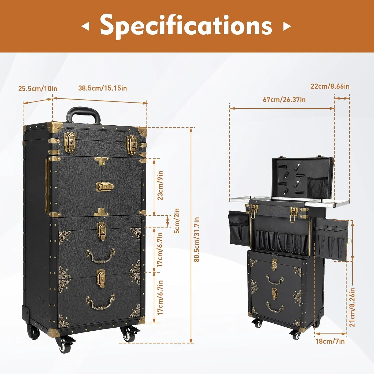 Rolling Lockable Makeup Train Case, Professional Hairdressing Case Large Storage Cosmetic Trolley with 3 Shelves, Hair Salon Trolley Suitcase Hair Stylist Beauty Travel (Black Gold)