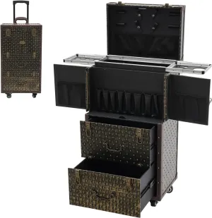 Rolling Lockable Makeup Train Case, Rolling Makeup Case | Large Trolley Storage Case Lockable | Trolley Professional Cosmetic Organizer Box | with Hair Dryer Holder&Scissors Buckles | Brown, Bronze