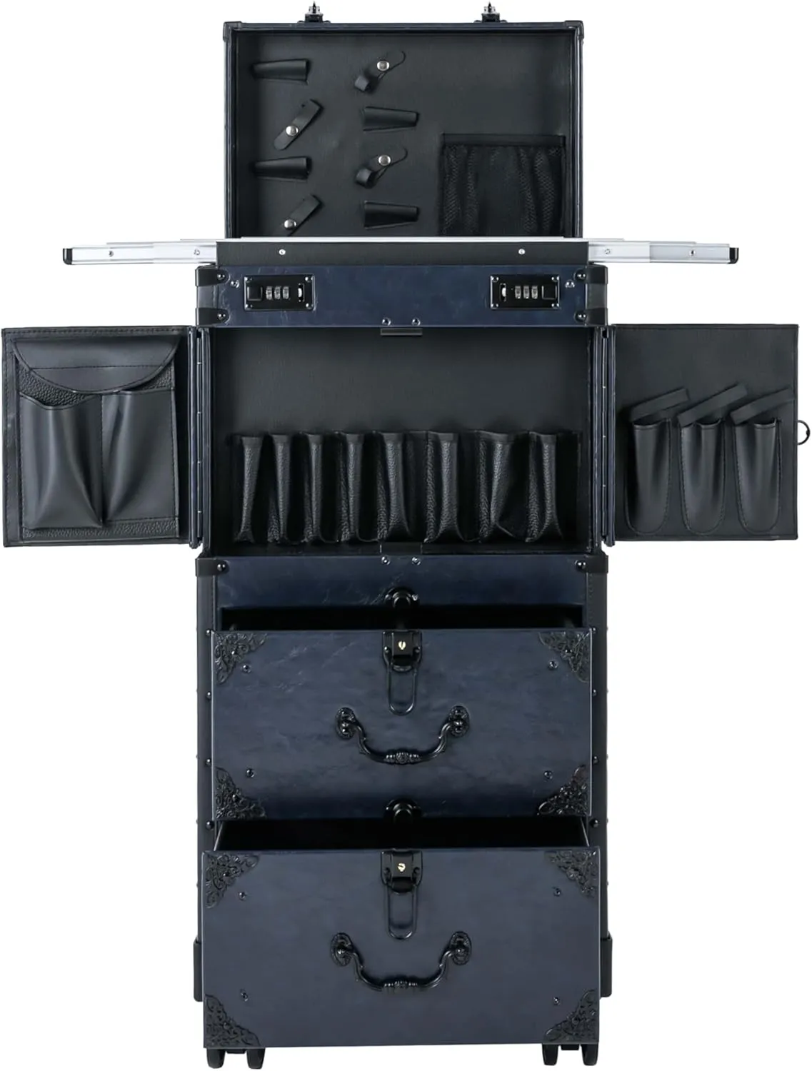 Rolling Lockable Makeup Train Case,Rolling Cosmetic Case, Hairdressing Rolling Case, for Professional Makeup Artists, Hairstylists, Nail Artists, Beauticians (Blue)