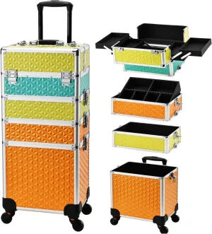 Rolling Makeup Case, 4 in 1 Makeup Case on Wheels, Professional Makeup Trolley, Cosmetic Train Case Makeup Cart Travel Trolley with Key for MUA, Hairstylists, Nail Tech, Palette