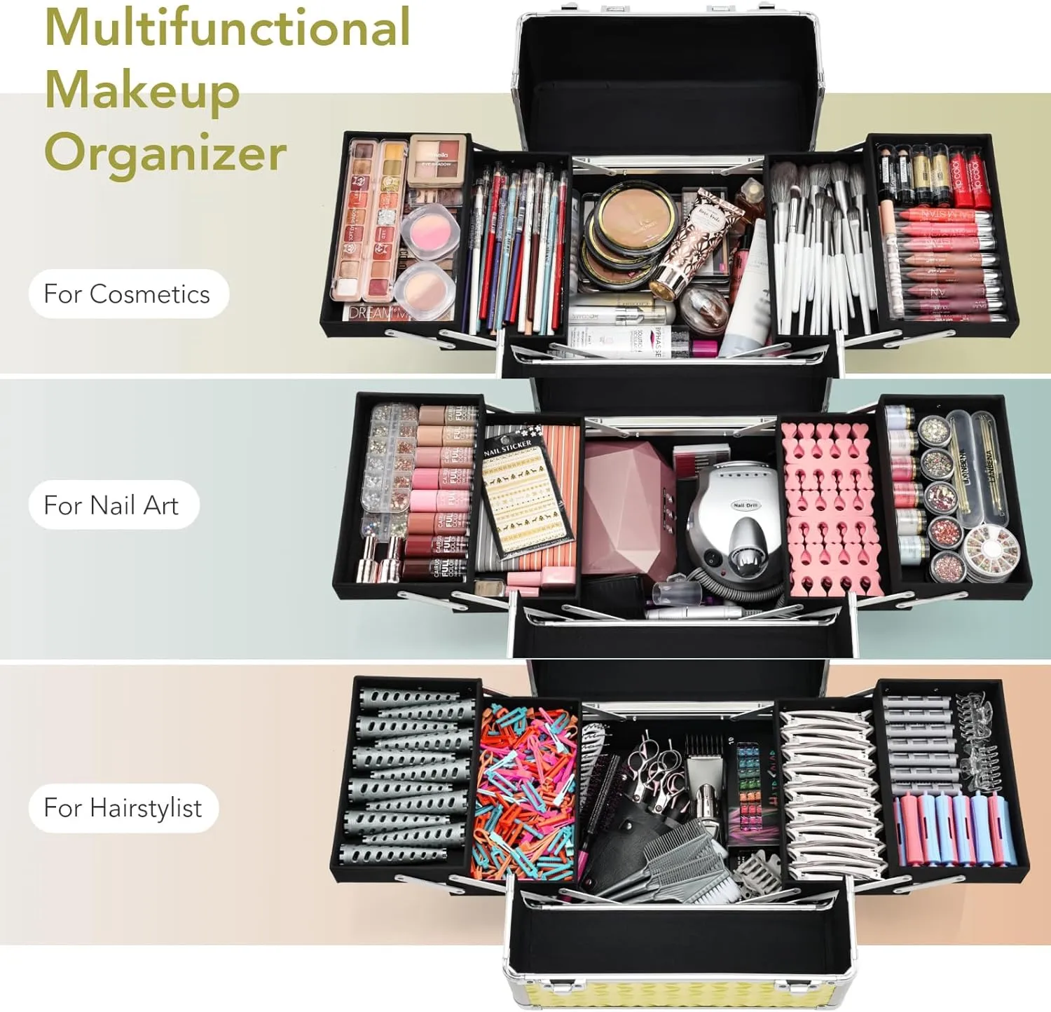 Rolling Makeup Case, 4 in 1 Makeup Case on Wheels, Professional Makeup Trolley, Cosmetic Train Case Makeup Cart Travel Trolley with Key for MUA, Hairstylists, Nail Tech, Palette