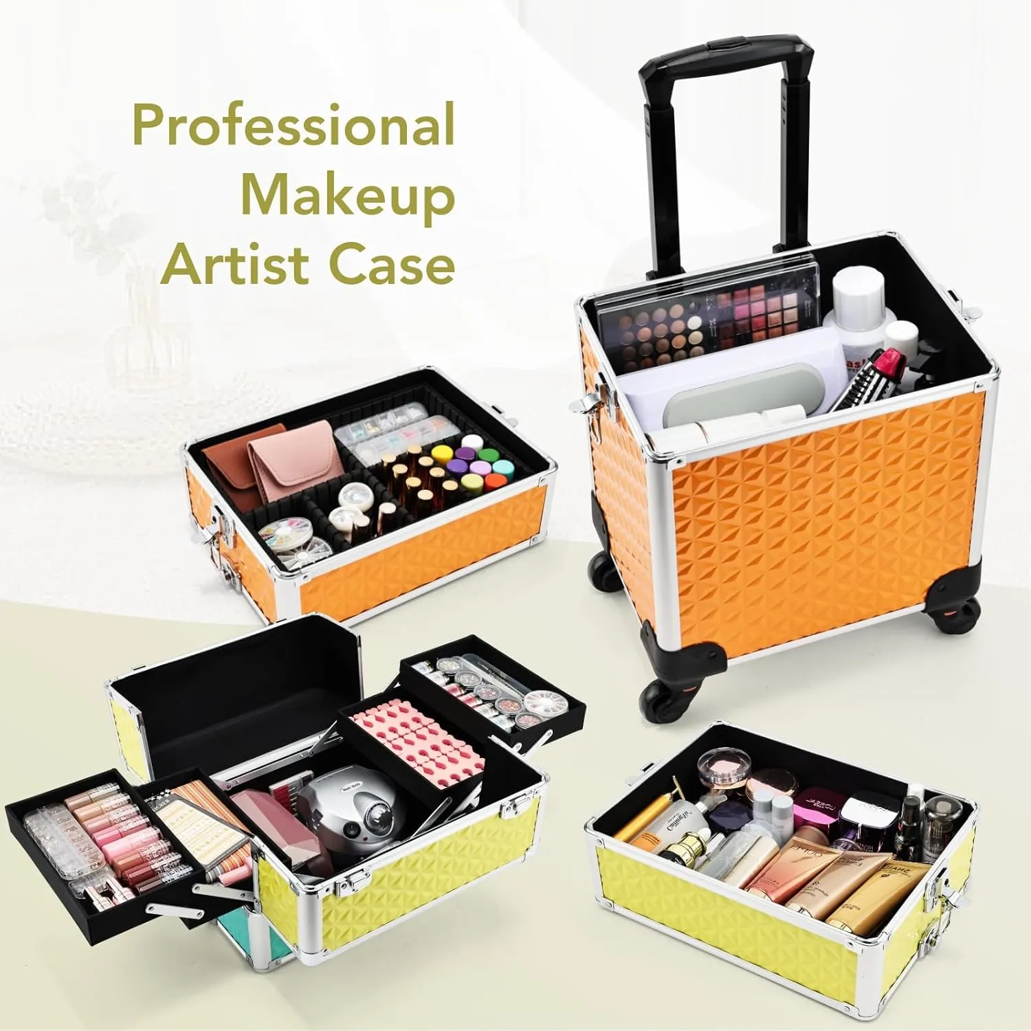 Rolling Makeup Case, 4 in 1 Makeup Case on Wheels, Professional Makeup Trolley, Cosmetic Train Case Makeup Cart Travel Trolley with Key for MUA, Hairstylists, Nail Tech, Palette