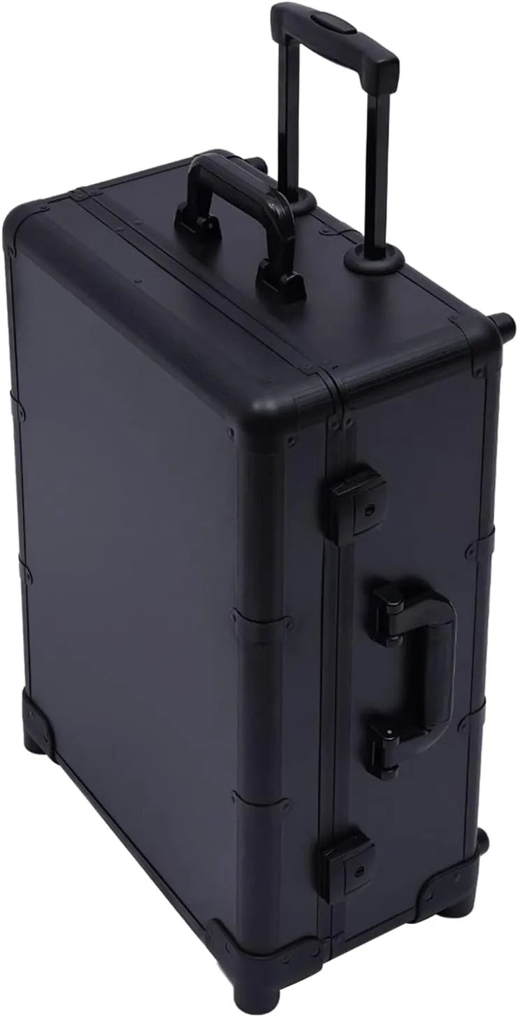 Rolling Makeup Case, Aluminum Trolley Makeup Train Case with LED Lights, Adjustable Legs Lockable Professional Cosmetic Organizer, Rolling Lighted Makeup Vanity Station for Travel (Black)