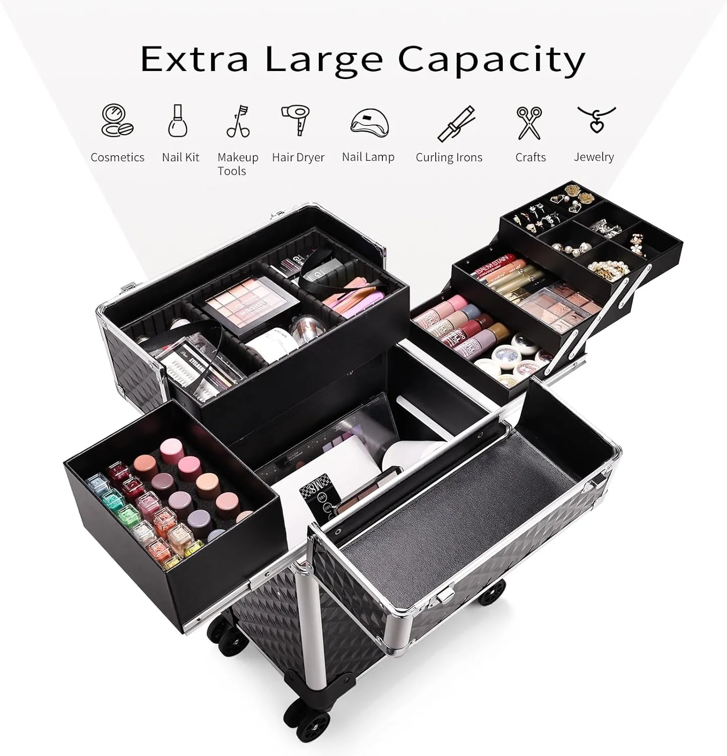 Rolling Makeup Case Extra Large Makeup Train Case 4 Tray with Sliding Rail Removable Layer Cosmetology Case on Wheels for Makeup Artists Nail Art Salon Barber Trunk Traveling Storage