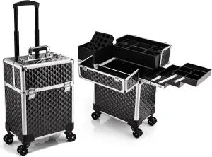 Rolling Makeup Case Extra Large Makeup Train Case 4 Tray with Sliding Rail Removable Layer Cosmetology Case on Wheels for Makeup Artists Nail Art Salon Barber Trunk Traveling Storage
