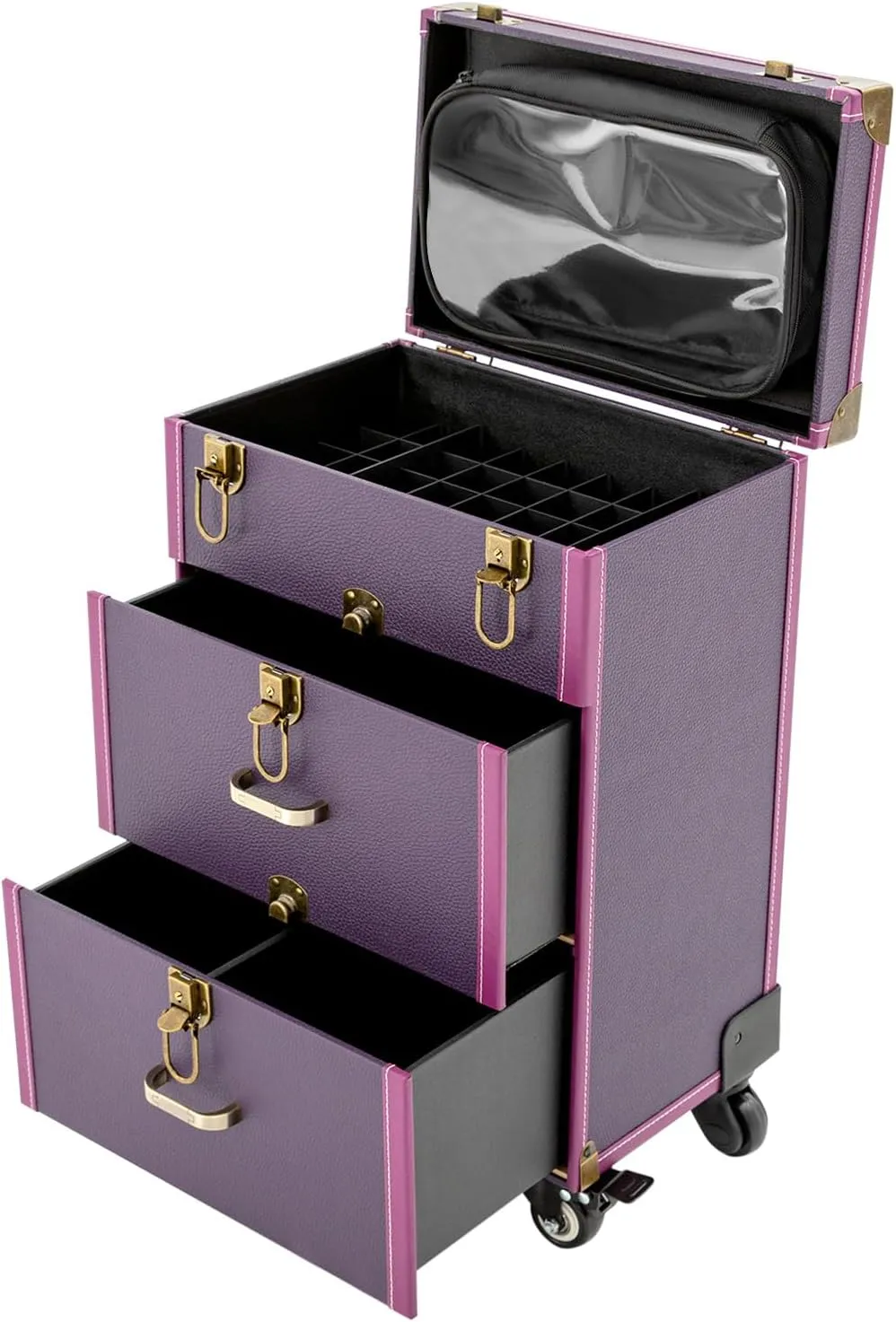 Rolling Makeup Case, Makeup Train Case Professional Cosmetics Rolling Beauty Organizer (Purple)