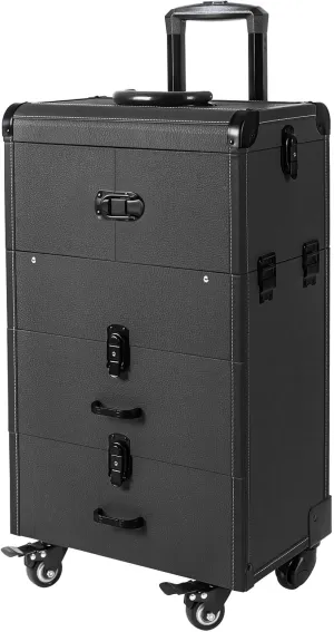 Rolling Makeup Case Makeup Train Case with Wheels Cosmetic Storage Cases Lockable Travel Case Make up Cosmetic Organizer Black for Makeup Artists Hairdressers Beauticians Manicurists Beauty Lovers