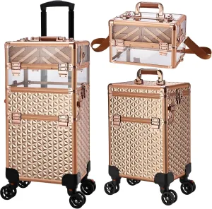 Rolling Makeup Case Professional, 3-in-1 Wheeled Makeup Trolley, Large Salon and Barber Travel Trunk Suitcase for Cosmetology Students, Nail Technicians, Hairstylists, and MUAs,Rose Gold