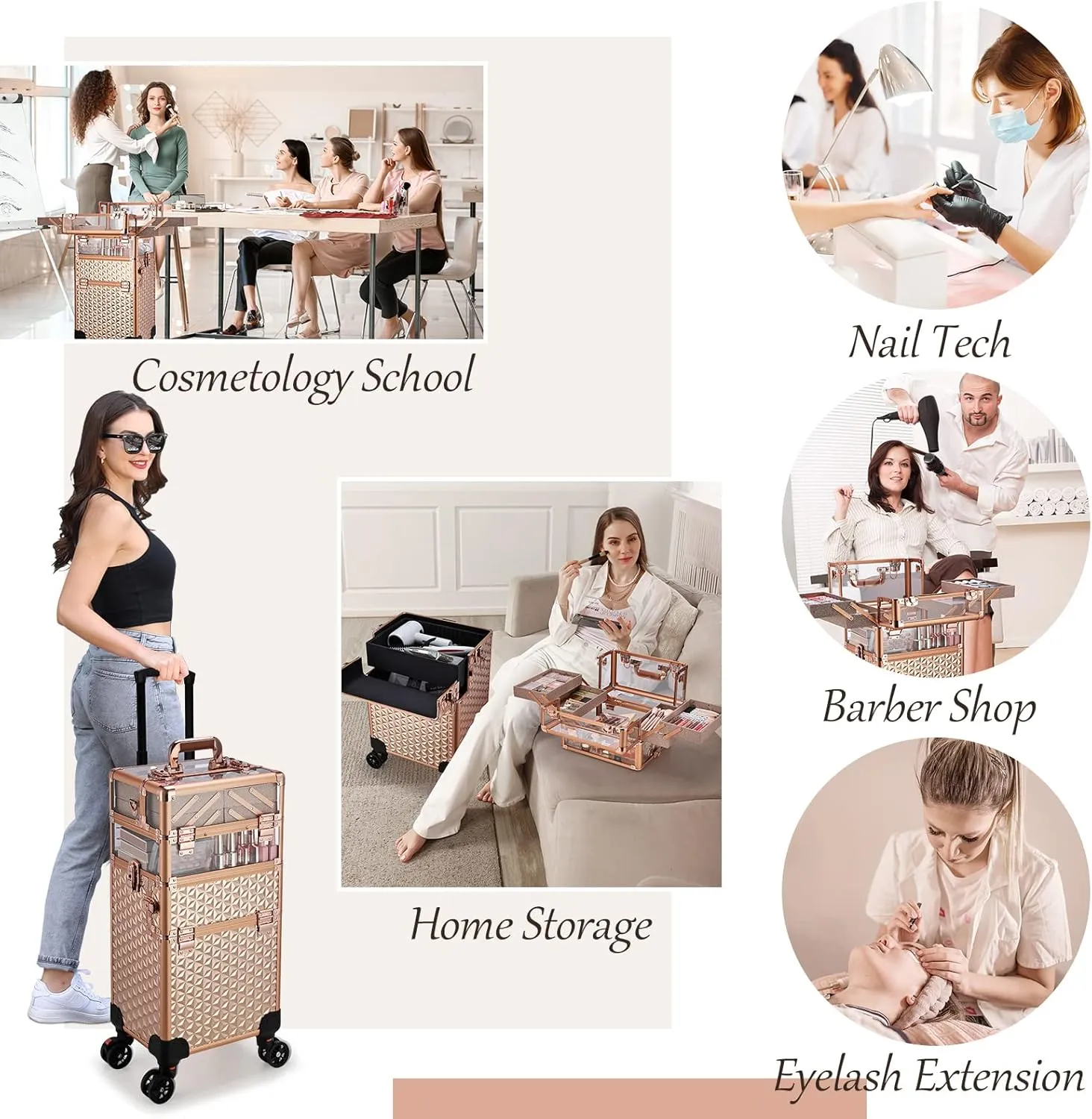 Rolling Makeup Case Professional, 3-in-1 Wheeled Makeup Trolley, Large Salon and Barber Travel Trunk Suitcase for Cosmetology Students, Nail Technicians, Hairstylists, and MUAs,Rose Gold