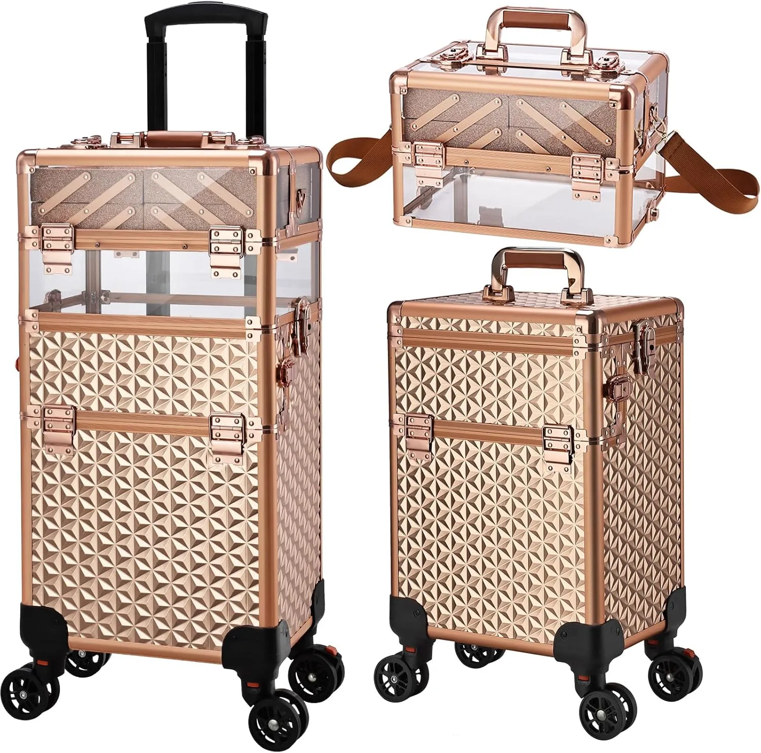 Rolling Makeup Case Professional, 3-in-1 Wheeled Makeup Trolley, Large Salon and Barber Travel Trunk Suitcase for Cosmetology Students, Nail Technicians, Hairstylists, and MUAs,Rose Gold