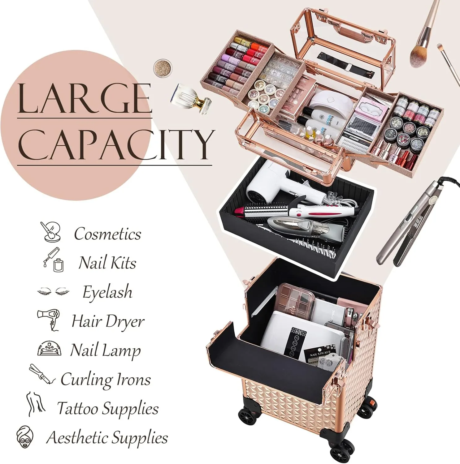 Rolling Makeup Case Professional, 3-in-1 Wheeled Makeup Trolley, Large Salon and Barber Travel Trunk Suitcase for Cosmetology Students, Nail Technicians, Hairstylists, and MUAs,Rose Gold