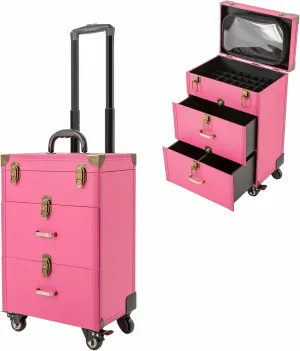 Rolling Makeup Case, Professional Cosmetic Train Case with 360° Swivel Wheels and Locks, Nail Polish Jewelry Makeup Organizer Artists Cosmetic Trolley, Rose