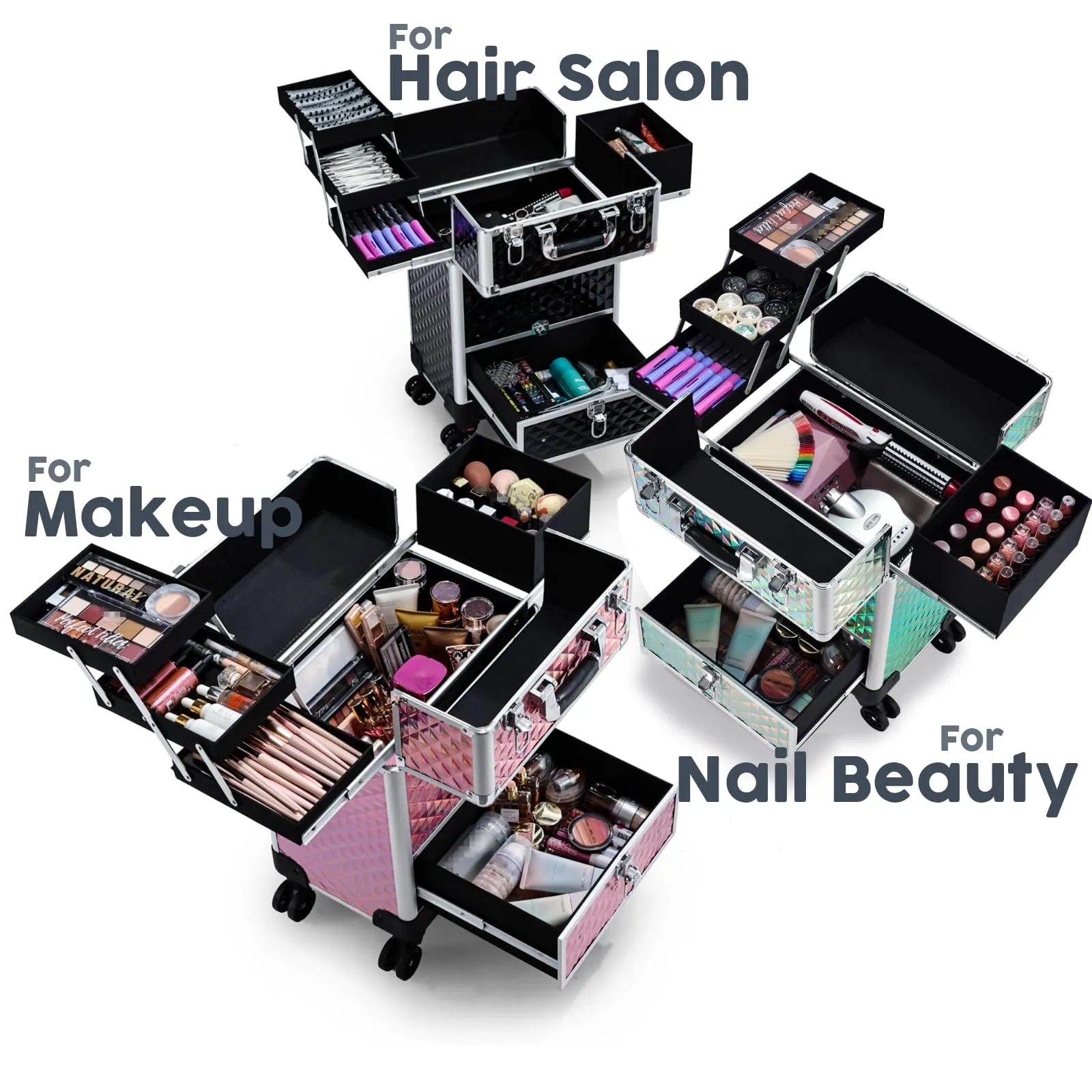 Rolling Makeup Case with Drawer Cosmetology Case on Wheels Makeup Trolley Sliding Drawer Makeup Travel Case for Esthetician, Mobile Stylist, Manicurist Barber Case Traveling Cart Trunk Glitter Pink
