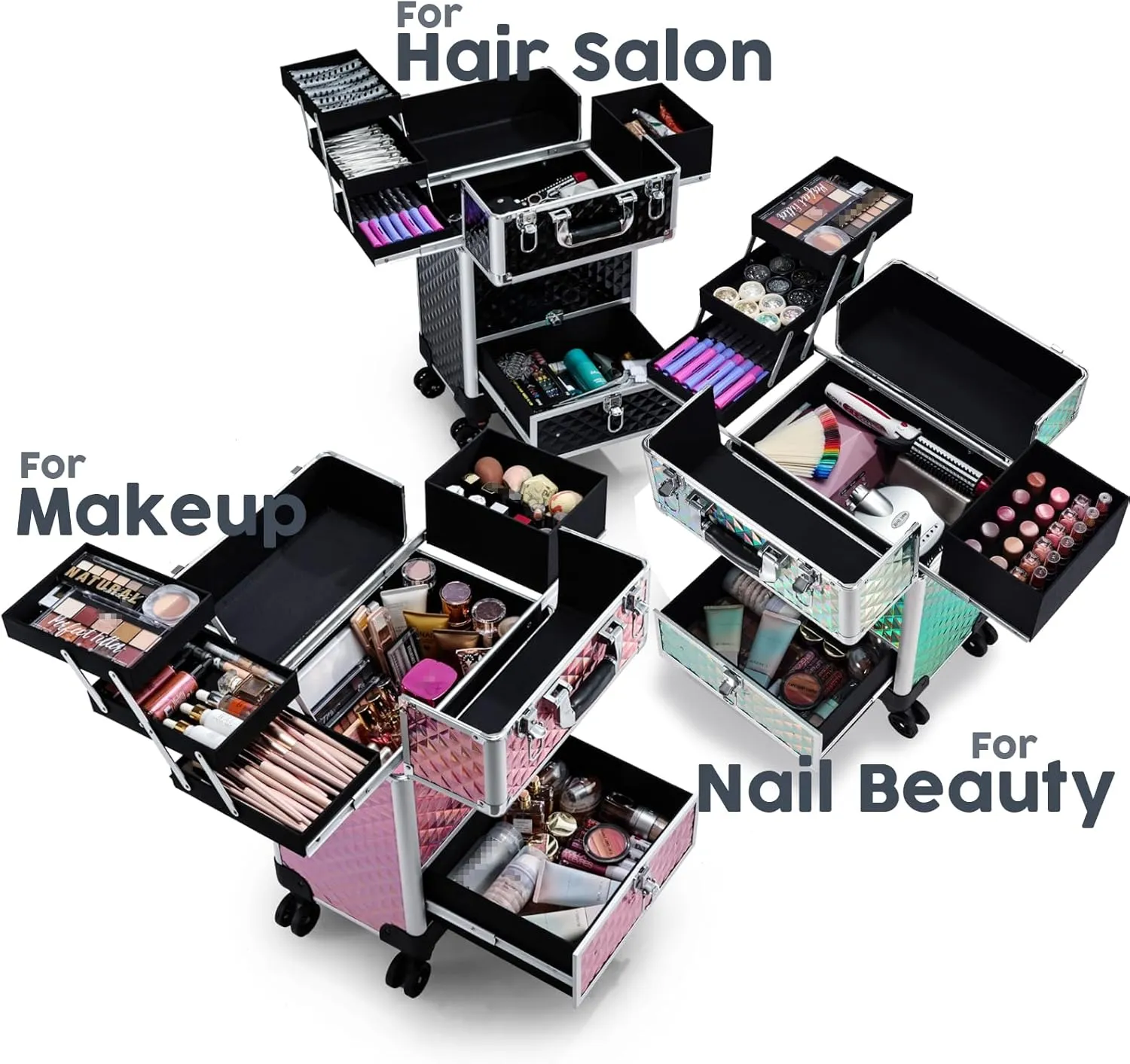 Rolling Makeup Case with Drawer Cosmetology Case on Wheels Makeup Trolley Sliding Drawer Makeup Travel Case for Esthetician, Mobile Stylist, Manicurist Barber Case Traveling Cart Trunk Glitter Pink