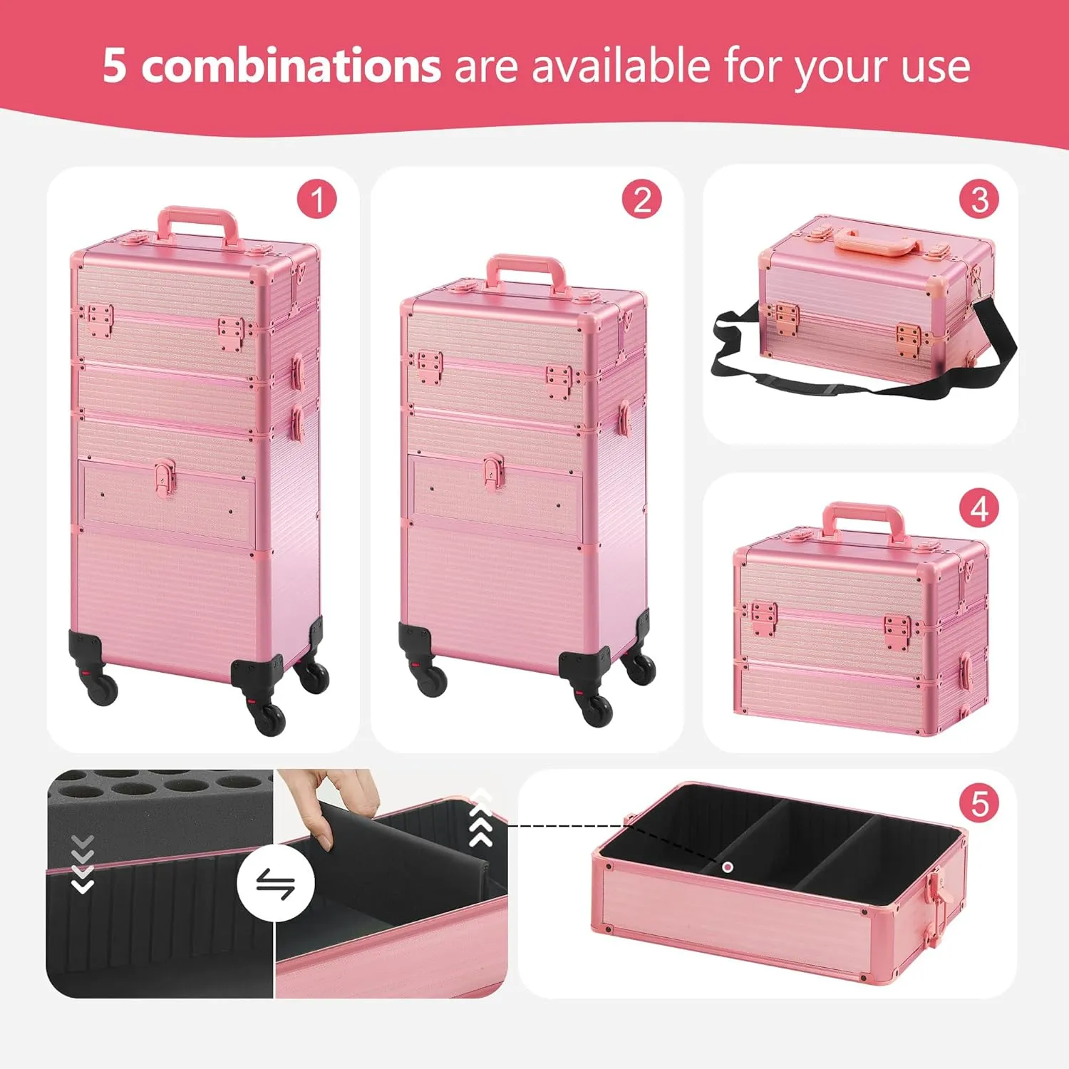 Rolling Makeup Case with Drawer, Makeup Train Case, 4 in 1Cosmetology Case on Wheels, Christmas Gift, Large Makeup Case Organizers, Profesional Cosmetic Case for Salon Barber, Light pink