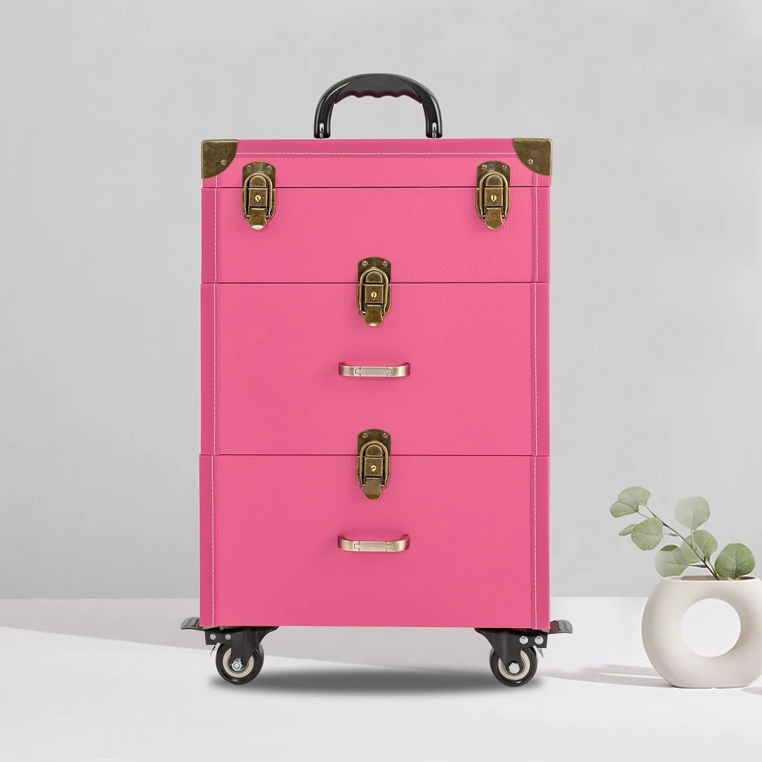 Rolling Makeup Case with Drawers&4 Wheel, Cosmetic Case Trolley, Make Up Suitcase Cosmetic Trolley, Portable Multifunction Makeup Suitcase, Jewelry Travel Cosmetic Train Case (Rose Bronze Color)