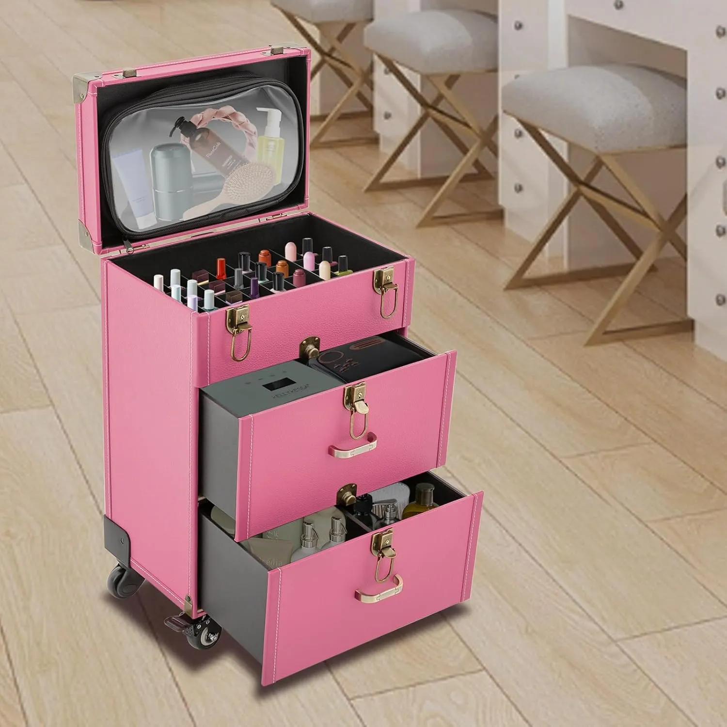 Rolling Makeup Case with Drawers&4 Wheel, Cosmetic Case Trolley, Make Up Suitcase Cosmetic Trolley, Portable Multifunction Makeup Suitcase, Jewelry Travel Cosmetic Train Case (Rose Bronze Color)