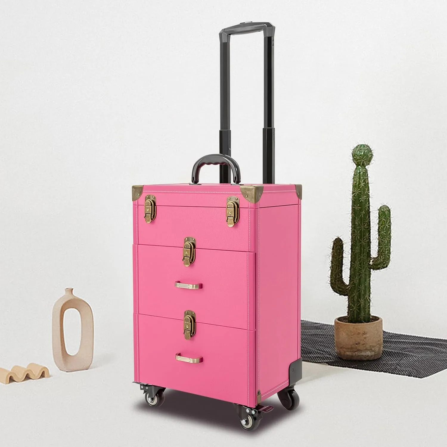 Rolling Makeup Case with Drawers&4 Wheel, Cosmetic Case Trolley, Make Up Suitcase Cosmetic Trolley, Portable Multifunction Makeup Suitcase, Jewelry Travel Cosmetic Train Case (Rose Bronze Color)