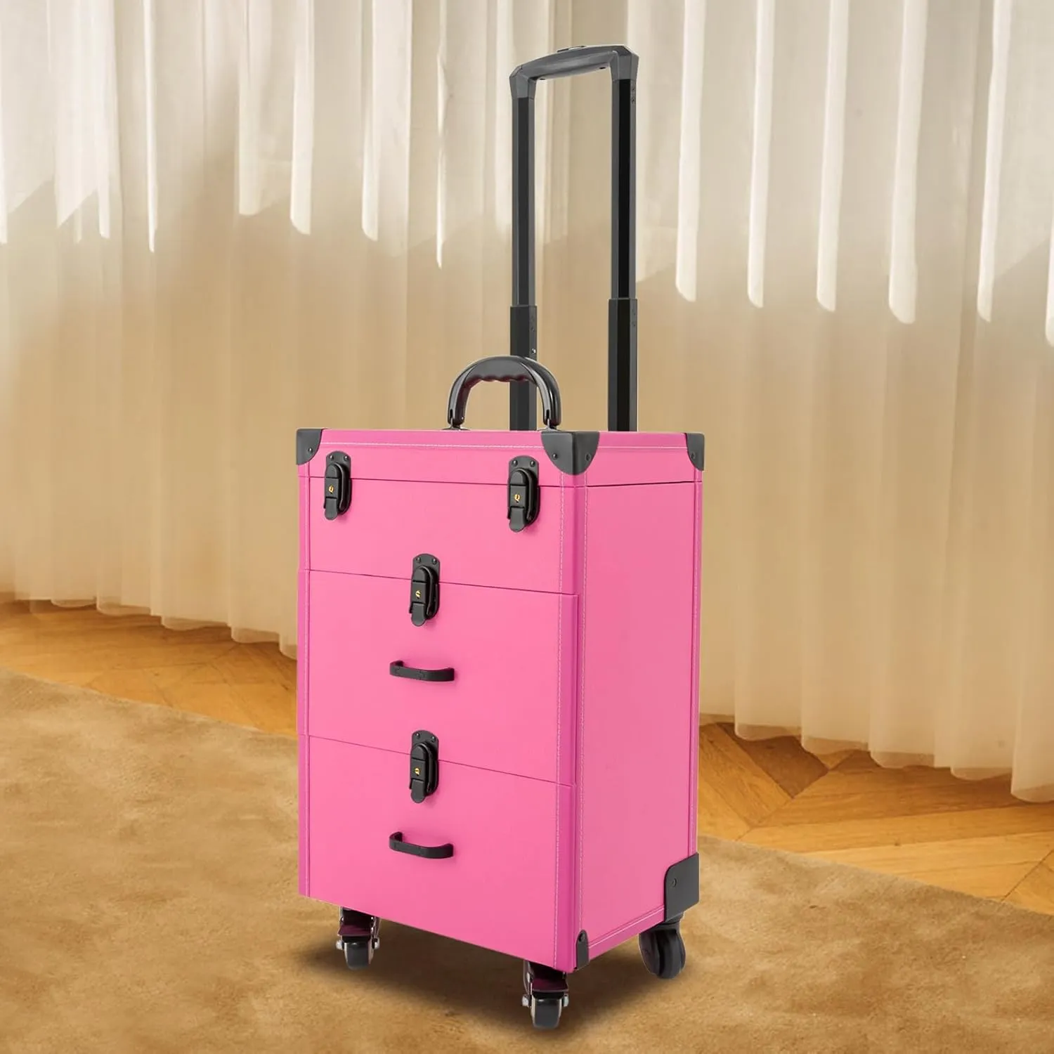 Rolling Makeup Case with Drawers&4 Wheel, Cosmetic Case Trolley, Make Up Suitcase Cosmetic Trolley, Portable Multifunction Makeup Suitcase, Jewelry Travel Cosmetic Train Case (Rose Red)