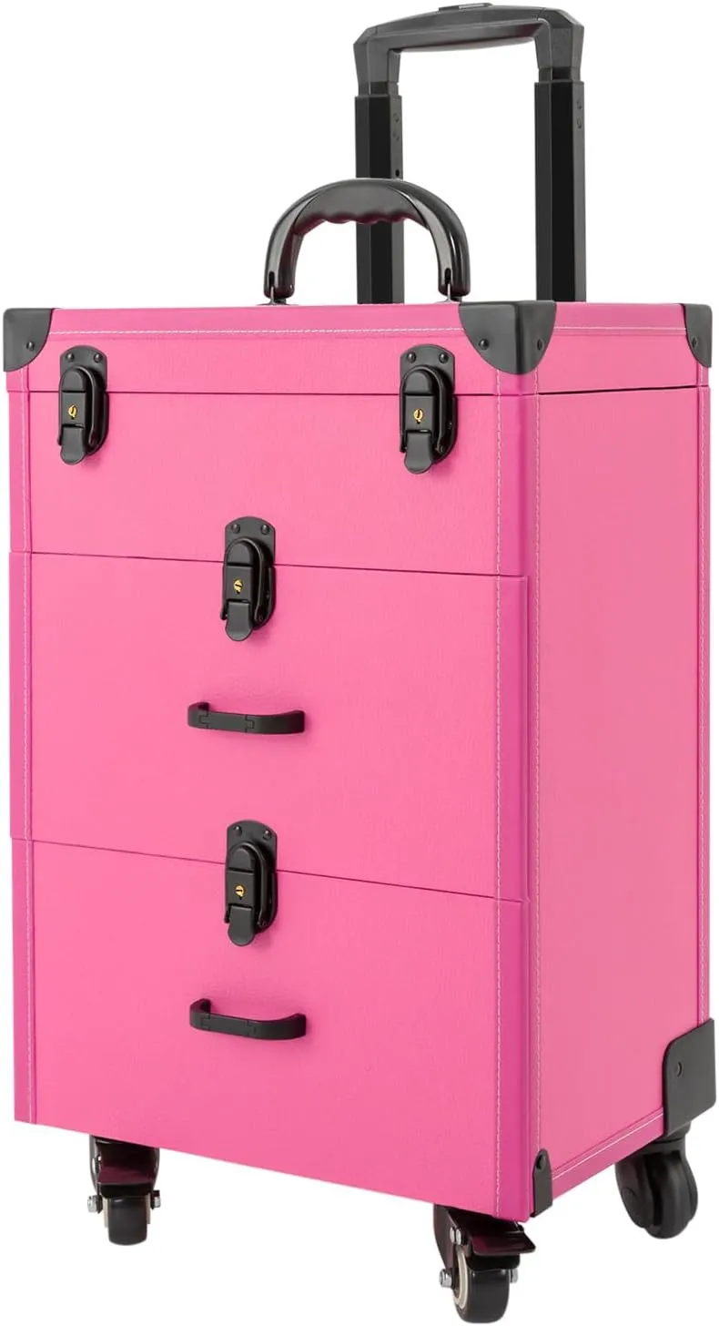 Rolling Makeup Case with Drawers&4 Wheel, Cosmetic Case Trolley, Make Up Suitcase Cosmetic Trolley, Portable Multifunction Makeup Suitcase, Jewelry Travel Cosmetic Train Case (Rose Red)