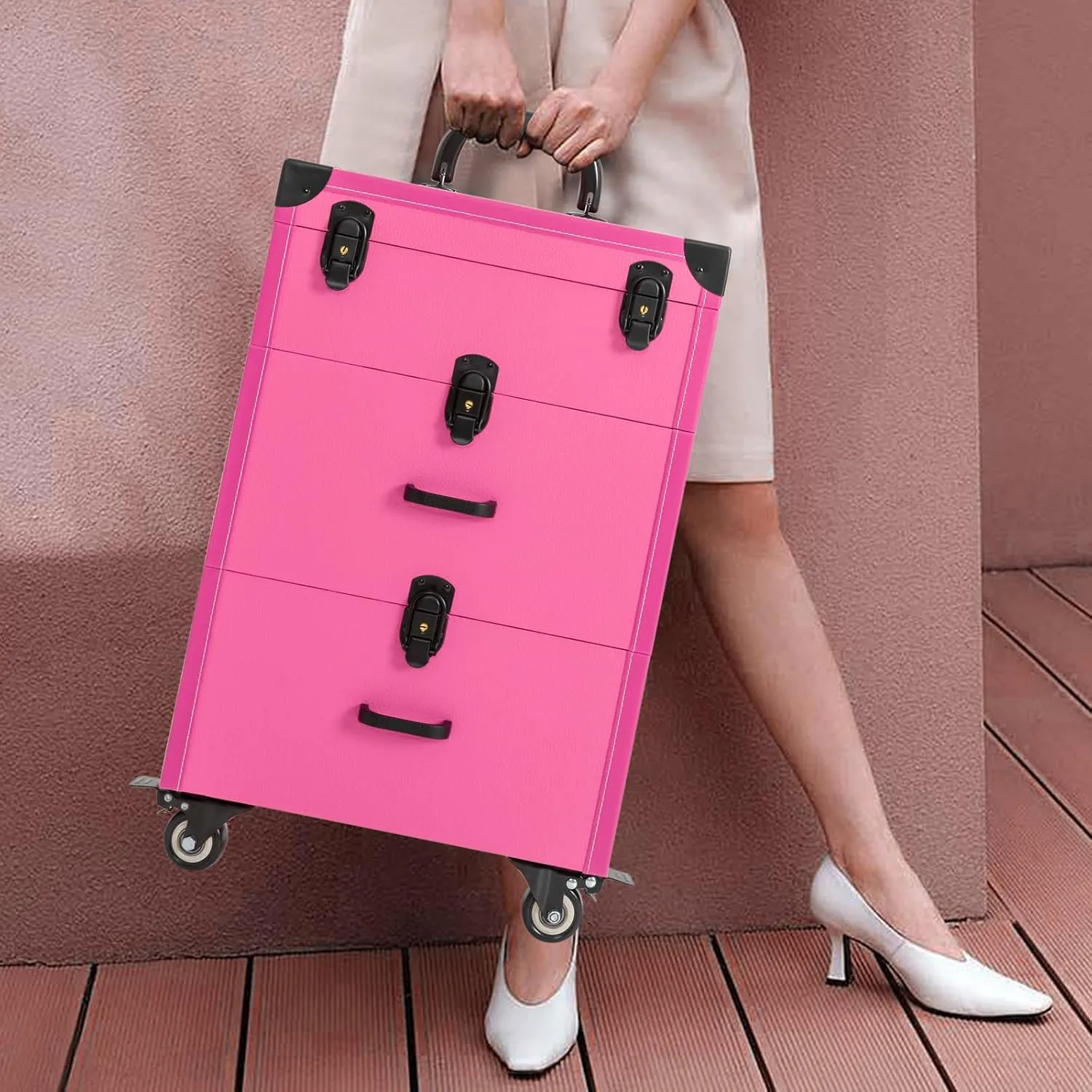 Rolling Makeup Case with Drawers&4 Wheel, Cosmetic Case Trolley, Make Up Suitcase Cosmetic Trolley, Portable Multifunction Makeup Suitcase, Jewelry Travel Cosmetic Train Case (Rose Red)