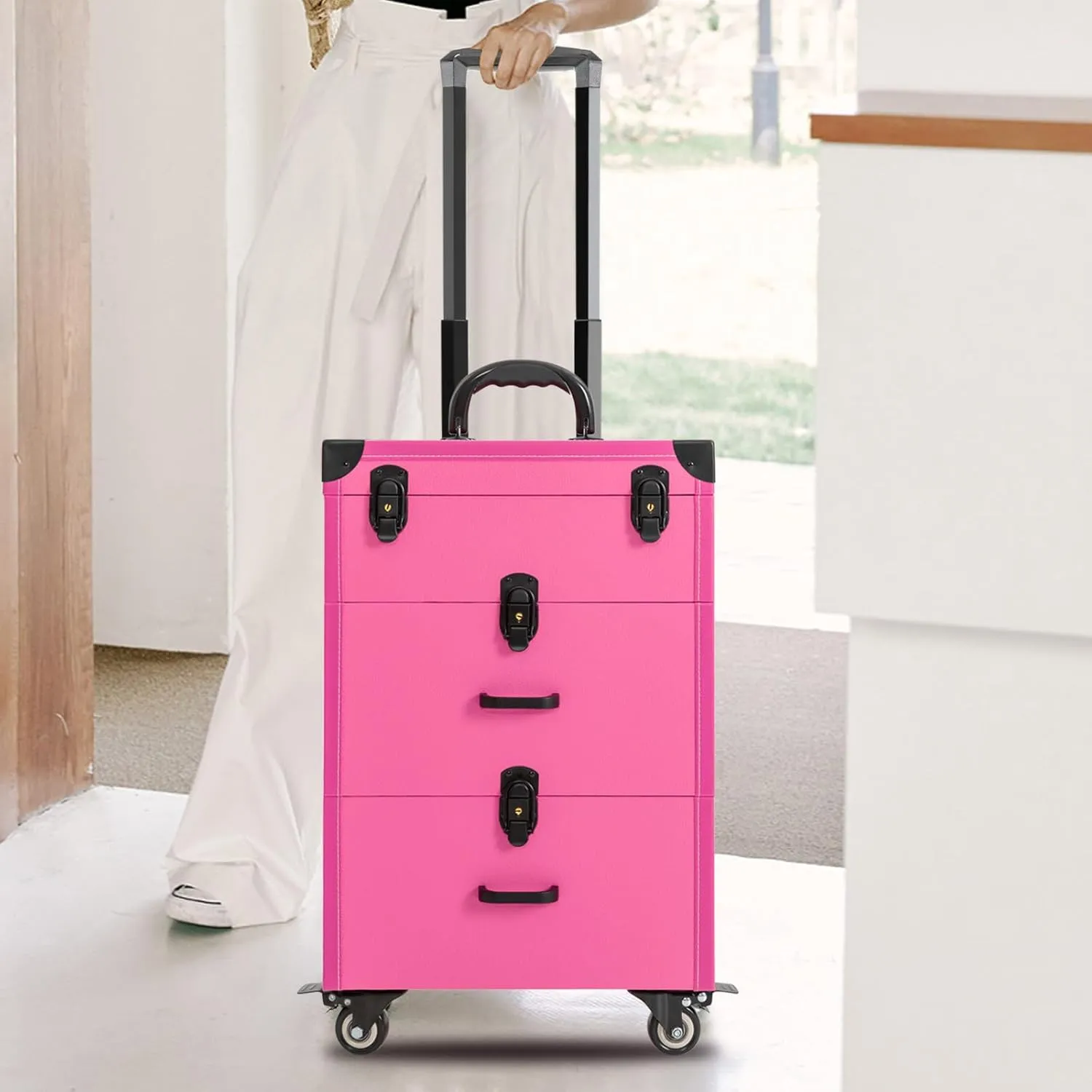 Rolling Makeup Case with Drawers&4 Wheel, Cosmetic Case Trolley, Make Up Suitcase Cosmetic Trolley, Portable Multifunction Makeup Suitcase, Jewelry Travel Cosmetic Train Case (Rose Red)