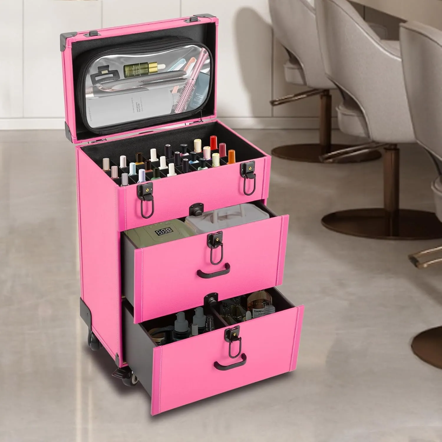Rolling Makeup Case with Drawers&4 Wheel, Cosmetic Case Trolley, Make Up Suitcase Cosmetic Trolley, Portable Multifunction Makeup Suitcase, Jewelry Travel Cosmetic Train Case (Rose Red)