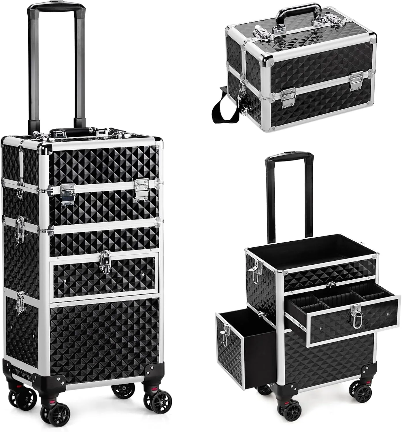 Rolling Makeup Case with Wheels & Drawers Large Professional Cosmetology Trolley Case Lockable Travel Cosmetic Storage Train Cases for Nail Technicians (Black)