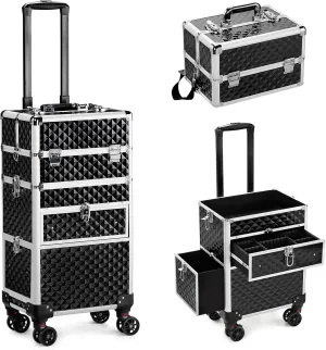 Rolling Makeup Case with Wheels & Drawers Large Professional Cosmetology Trolley Case Lockable Travel Cosmetic Storage Train Cases for Nail Technicians (Black)