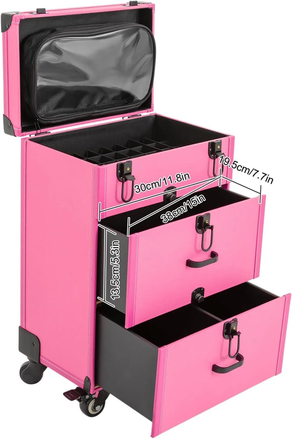 Rolling Makeup Case,3 Layers Makeup Case on Wheels,Makeup Artist Travel Case with 4 Universal Wheels,88.2Lbs Weight Bearing Capacity,for Manicurist Makeup Artist(Black Lock Rose Red)