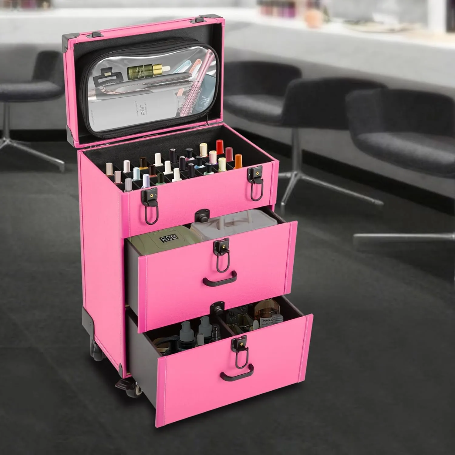 Rolling Makeup Case,3 Layers Makeup Case on Wheels,Makeup Artist Travel Case with 4 Universal Wheels,88.2Lbs Weight Bearing Capacity,for Manicurist Makeup Artist(Black Lock Rose Red)