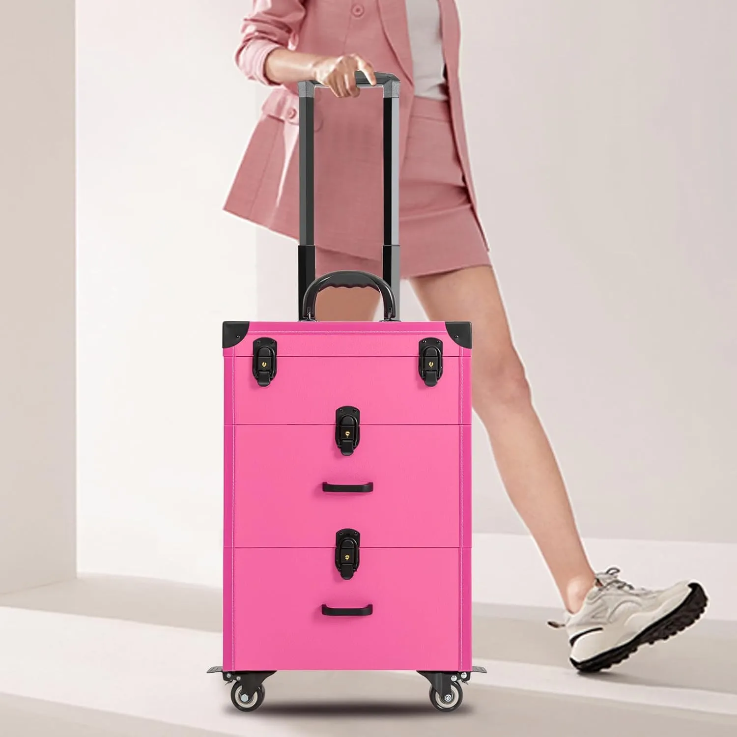 Rolling Makeup Case,3 Layers Makeup Case on Wheels,Makeup Artist Travel Case with 4 Universal Wheels,88.2Lbs Weight Bearing Capacity,for Manicurist Makeup Artist(Black Lock Rose Red)
