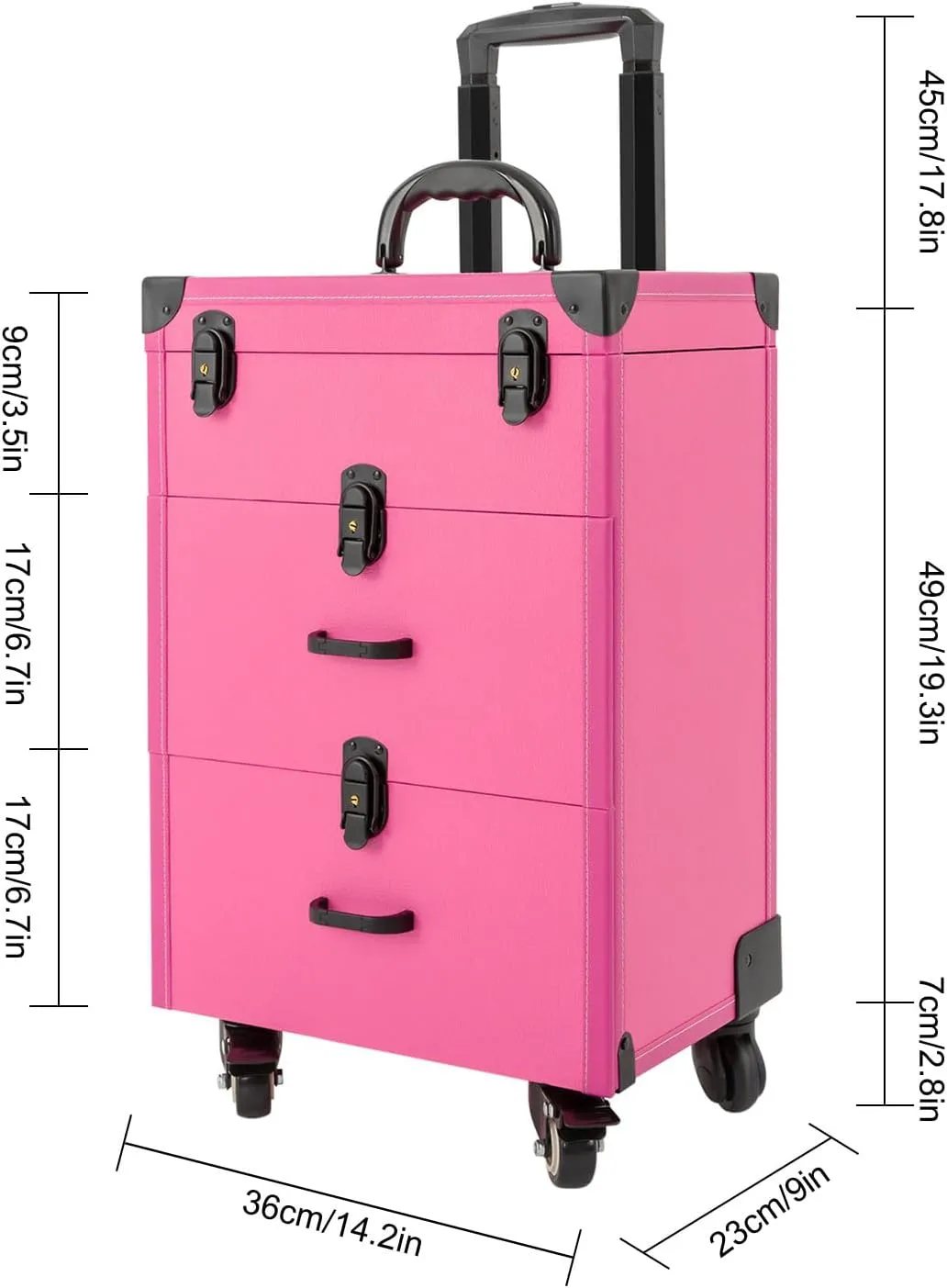 Rolling Makeup Case,3 Layers Makeup Case on Wheels,Makeup Artist Travel Case with 4 Universal Wheels,88.2Lbs Weight Bearing Capacity,for Manicurist Makeup Artist(Black Lock Rose Red)