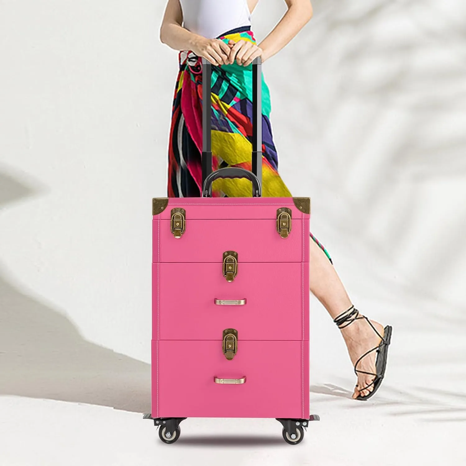 Rolling Makeup Case,3 Layers Makeup Case on Wheels,Makeup Artist Travel Case with 4 Universal Wheels,88.2Lbs Weight Bearing Capacity,for Manicurist Makeup Artist(Copper Lock Rose)
