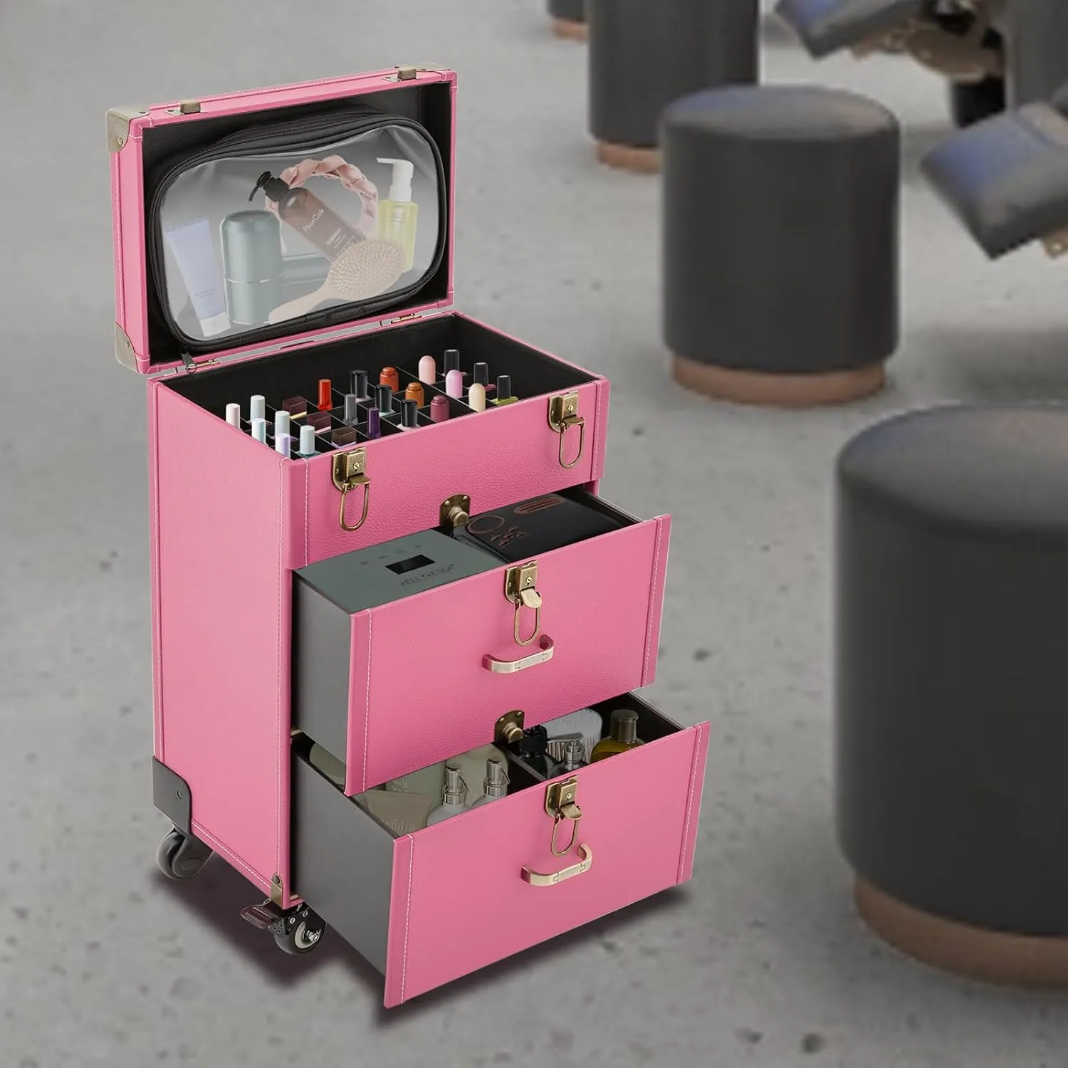 Rolling Makeup Case,3 Layers Makeup Case on Wheels,Makeup Artist Travel Case with 4 Universal Wheels,88.2Lbs Weight Bearing Capacity,for Manicurist Makeup Artist(Copper Lock Rose)