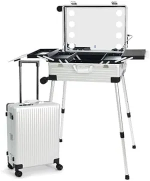 Rolling Makeup CaseRolling Makeup CaseAluminium Professional Trolley Makeup Train Case With LED LightsMakeup Travel Case, Height Adjustable, Suitable For Professional Makeup Artists(22in)