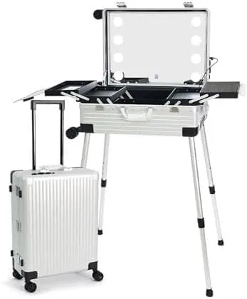 Rolling Makeup CaseRolling Makeup CaseAluminium Professional Trolley Makeup Train Case With LED LightsMakeup Travel Case, Height Adjustable, Suitable For Professional Makeup Artists(22in)