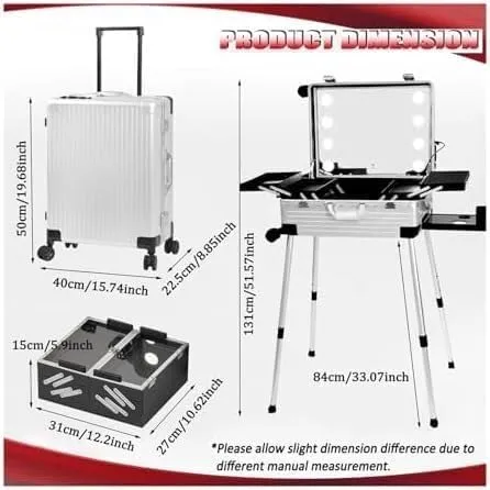 Rolling Makeup CaseRolling Makeup CaseAluminium Professional Trolley Makeup Train Case With LED LightsMakeup Travel Case, Height Adjustable, Suitable For Professional Makeup Artists(22in)