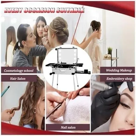 Rolling Makeup CaseRolling Makeup CaseAluminium Professional Trolley Makeup Train Case With LED LightsMakeup Travel Case, Height Adjustable, Suitable For Professional Makeup Artists(22in)