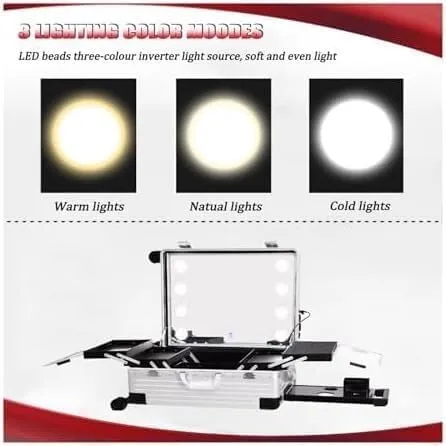 Rolling Makeup CaseRolling Makeup CaseAluminium Professional Trolley Makeup Train Case With LED LightsMakeup Travel Case, Height Adjustable, Suitable For Professional Makeup Artists(22in)