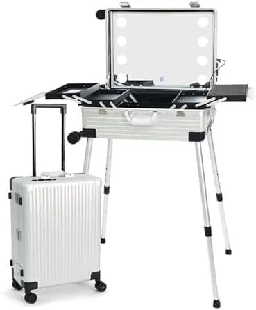 Rolling Makeup CaseRolling Makeup CaseAluminium Professional Trolley Makeup Train Case With LED LightsMakeup Travel Case, Height Adjustable, Suitable For Professional Makeup Artists