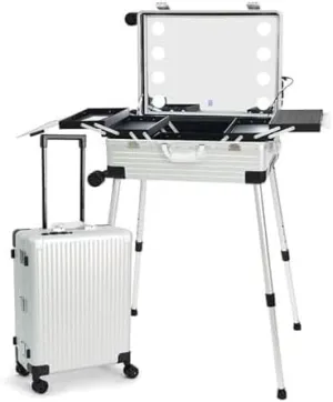 Rolling Makeup CaseRolling Makeup CaseAluminium Professional Trolley Makeup Train Case With LED LightsMakeup Travel Case, Height Adjustable, Suitable For Professional Makeup Artists