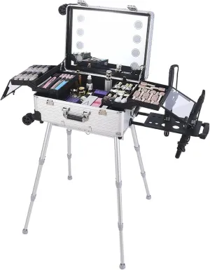 Rolling Makeup CaseRolling Makeup Train Case With Mirror And LightsLarge Makeup CaseProfessional Makeup ArtistStudioBeauticianNail Technician(24-inch)