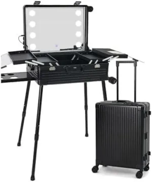 Rolling Makeup CaseRolling Makeup Train CaseAluminium Illuminated Makeup Train Case With LED LightsProfessional Makeup OrganiserStudio Lockable Portable Makeup Storage Case(22in)
