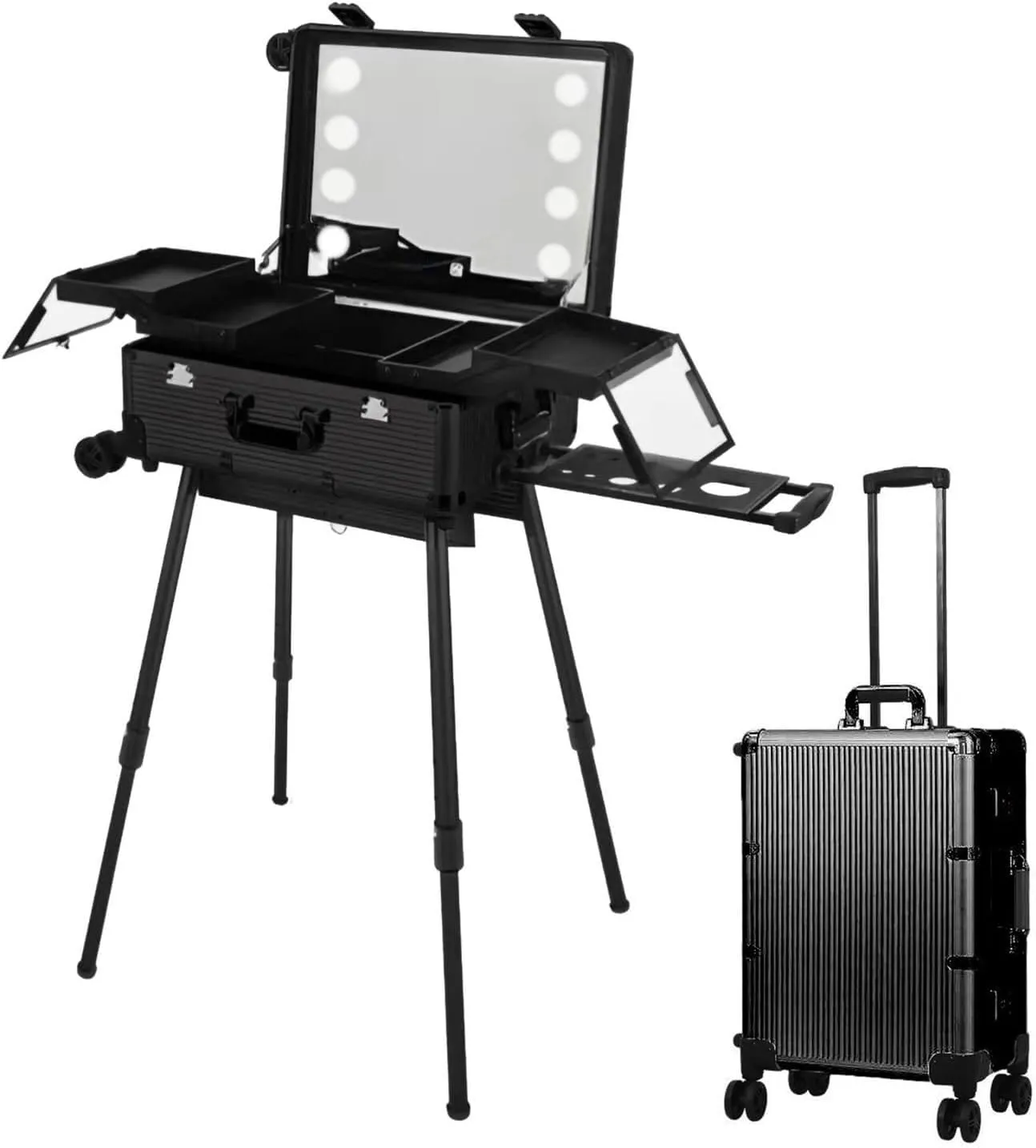Rolling Makeup CaseRolling Makeup Train CaseLarge Makeup Travel Case With LED LightsProfessional Makeup OrganiserStudio With Wheels And Stands For Makeup ArtistsHair StylistsHome
