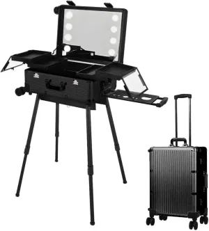 Rolling Makeup CaseRolling Makeup Train CaseLarge Makeup Travel Case With LED LightsProfessional Makeup OrganiserStudio With Wheels And Stands For Makeup ArtistsHair StylistsHome