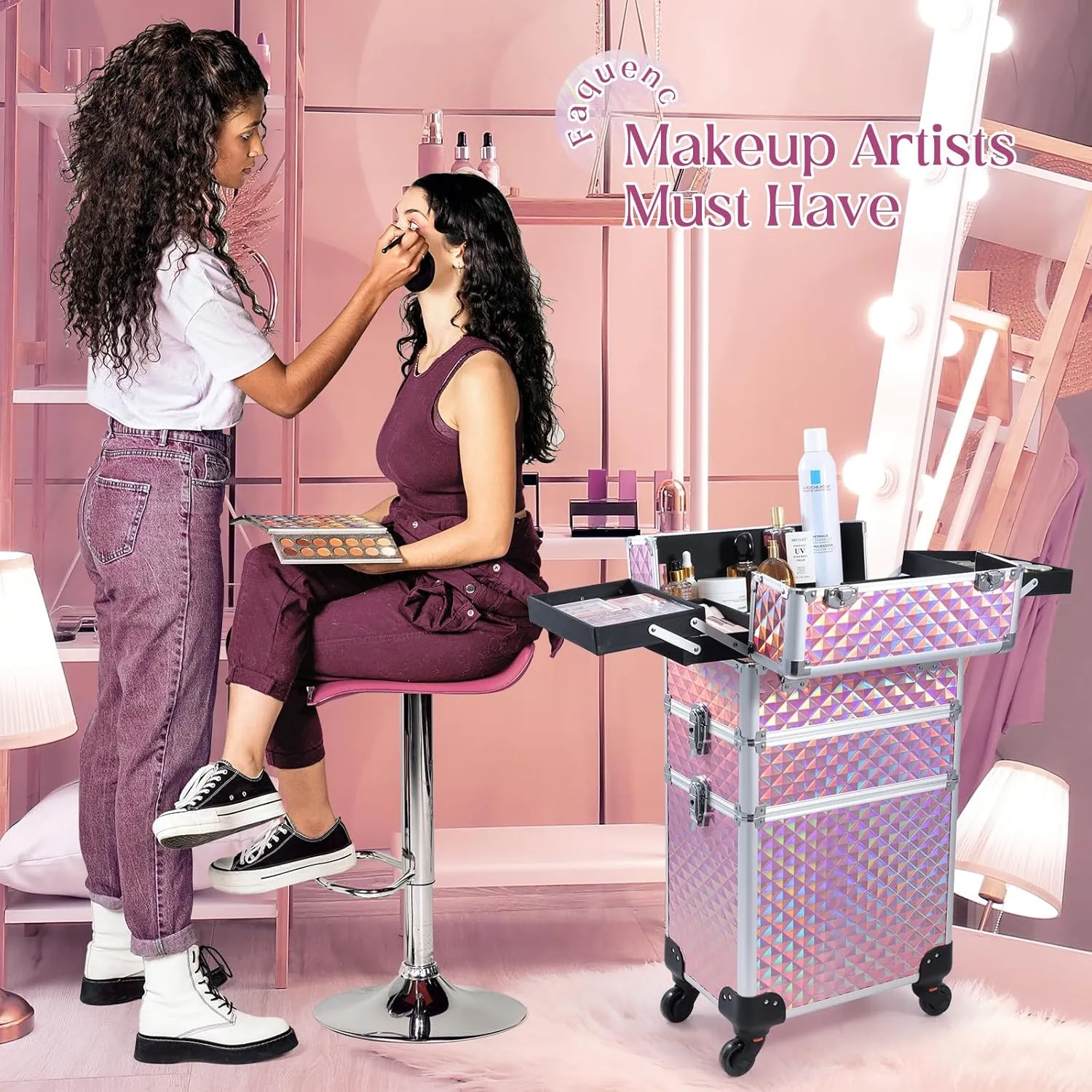 Rolling Makeup Train Case 3 in 1 Cosmetology Case on Wheels Makeup Organizers Nail Tech Storage Cart Cosmetic Trolley Travel Barber Suitcase for Make up Manicure Hair Lockable, Shiny Pink