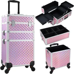 Rolling Makeup Train Case 3 in 1 Cosmetology Case on Wheels Makeup Organizers Nail Tech Storage Cart Cosmetic Trolley Travel Barber Suitcase for Make up Manicure Hair Lockable, Shiny Pink